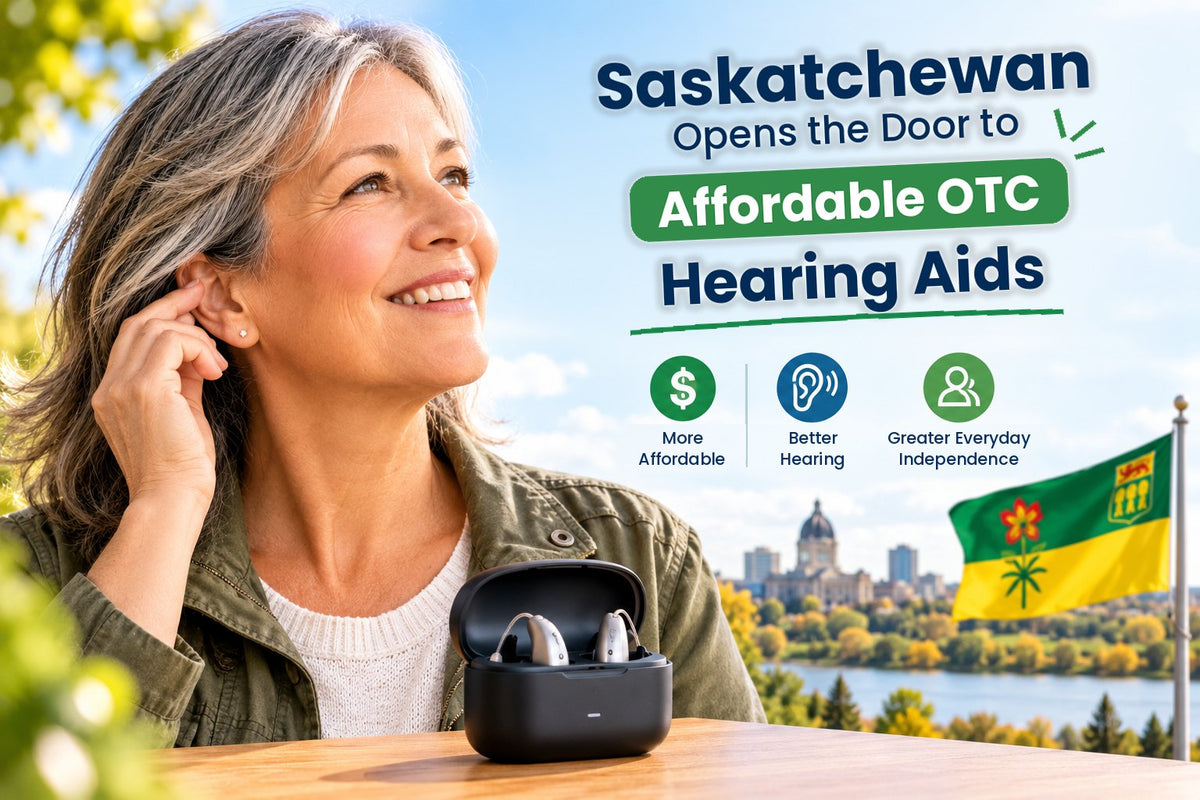 Woman smiling outdoors in Saskatchewan next to a charging case with OTC hearing aids